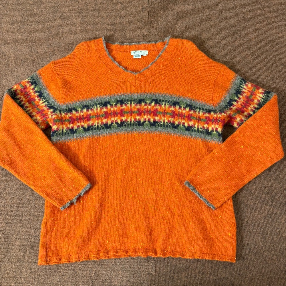 Eddie Bauer Vintage Wool Blend Fair Isle V-Neck Sweater Orange Womens Medium